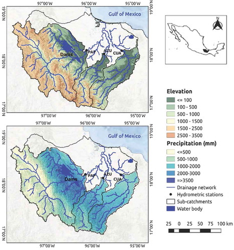 Figure 1. Location of the study sub-catchments with topography (upper panel), stream network, monitoring stations and long-term annual rainfall (lower panel)