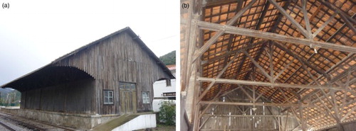 1 Timber warehouse: a main façade and lateral façade oriented to the railways; b view of the roof by the interior