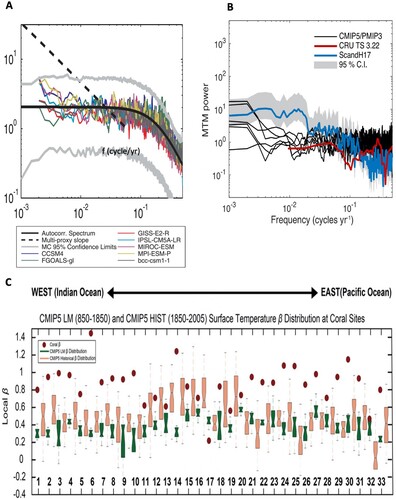Fig. 13 (A) North American spectral means for PDSI computed from CMIP5 Last Millennium (LM) simulations comparing with the multi-proxy slope (from Ault et al., Citation2013). (B) Spectra of the standardized precipitation evapotranspiration index (SPEI) in Scandinavia from CMIP5 LM simulations and CRU/ScandH17 observations. Gray shading shows the 95% confidence interval of the ScandH17 observation (from Seftigen et al., Citation2017). (C) Ocean temperature spectral slope β at the same locations calculated from coral records, CMIP5 LM simulations, and CMIP5 historical runs (1850–2015 CE) (from Parsons et al., Citation2017).