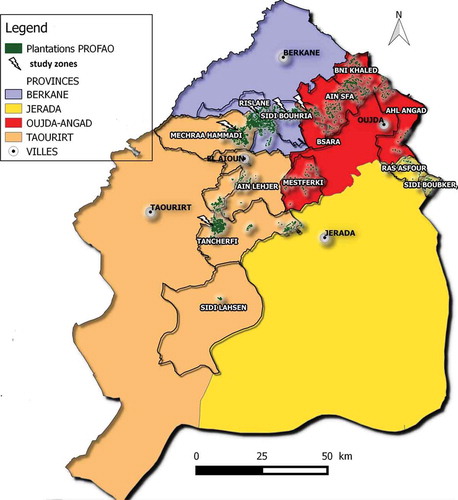 Figure 1. Geographic localization of almond plantation in eastern Morocco and the zones studied.