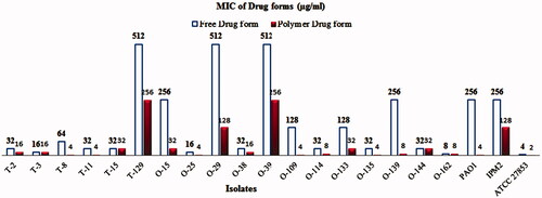 Figure 6. Minimum Inhibitory Concentration of Piperacillin/Tazobactam loaded PLGA-PEG micelle and free Piperacillin/Tazobactam in some strains of P. aeruginosa.