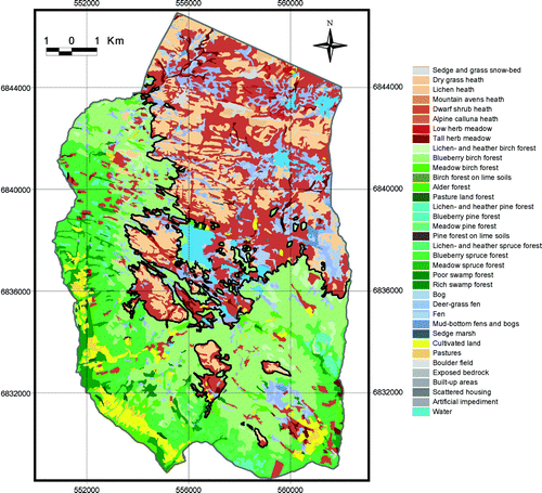 Fig. 7.  Vegetation map and the continuous upper forest limits (black line) in 2001. Map projection WGS84/UTM zone 32.