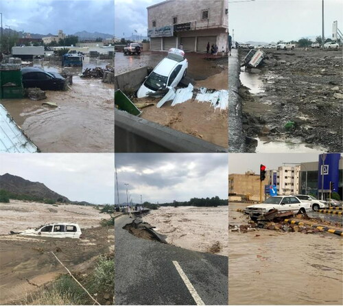 Figure 4. Flood inundation photographs for the Makkah catchment caused by the November 23, 2018 storm (https://sabq.org/WLRZ7X).