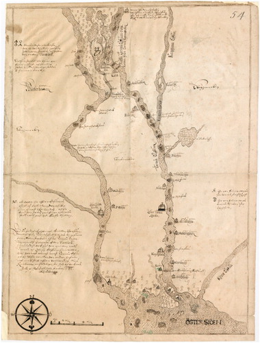 Figure 4. Hans Lybeckers’ map of the Torne River Valley from January 1643 with the mines of Junosuando in the upper left. Note that the ore is marked with both the symbols of Iron (Mars) and Copper (Venus). Photo courtesy of the National Archive, Stockholm.