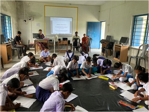 Figure 4. Drawing workshop on climate change and migration with school children at PC Sen School, Photo Credit: (Kaveri Mondol).