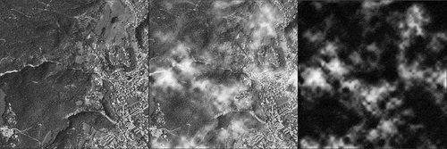 Figure 3. Simulated image. Left to right: true clear image, one of the simulated image, its cloud cover.