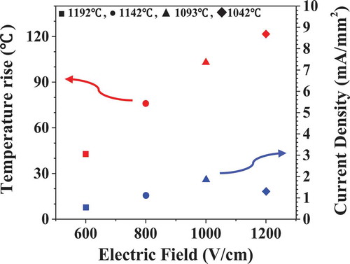 Figure 3. Electric current density and temperature rise of the sample during flashing under the various electric field