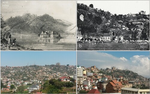 Figure 2. Lithography and Historical pictures showing the urban development of Antananarivo (courtesy of Musee de la Photo, Antananarivo): (a) The High city in the end of the 16th century; (b) vegetation cover and rock outcrops along the Analamanga hill slopes in the end of the nineteenth century. Pictures of the modern city configuration: south-eastern slope (c) and southwestern slope (d).