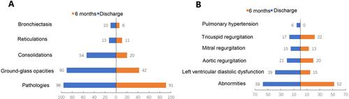 Figure 1 Percentage of lesions detected by chest computed tomography and echocardiography at discharge and six months after discharge. (A) Pathological findings assessed with computed tomography; (B) abnormities assessed with echocardiography.