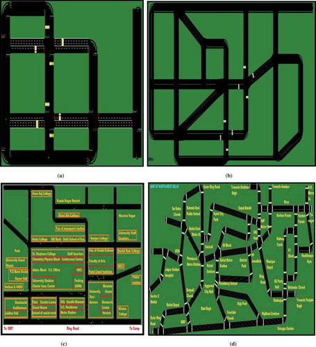 Figure 4. Snapshots of various networks used: (a) simple road network, (b) complex road network, (c) University of Delhi network, and (d) North West Delhi network.