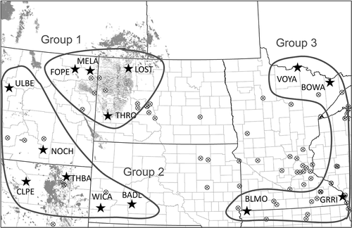 Figure 1. Study area map. Stars are IMPROVE sites used in the analyses. See Table 2 for site names and other details. Active oil and gas wells are shown as small dots, and electric generating units are indicated by circled Xs. Data are valid as of 2014.