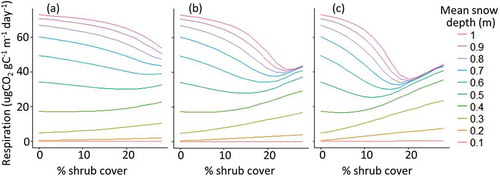 Figure 2. Soil respiration summed across the entire simulated landscape for (a) weak, (b) moderate, and (c) strong levels of the windbreak effect. Density of shrub cover (x axis) varies between 0% and 30% of pixels, and mean snow depth (coloured curves) varies between 10 cm and 1 m.