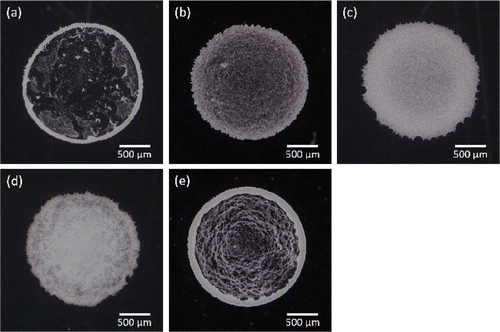 Figure 2. Digital camera images of dried colloidal films, where (a) to (e) corresponds to the samples A to E in Table 1, respectively. White part in each image indicates either colloidal particles or aggregated CNFs or both.