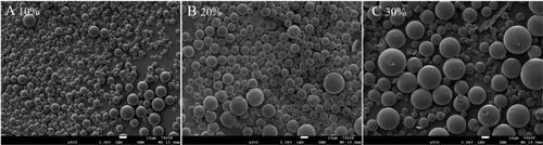 Figure 5. Effects of different PLGA concentrations on the morphology of microspheres: (A) 10%PLGA; (B) 20%PLGA; (C) 30%PLGA.