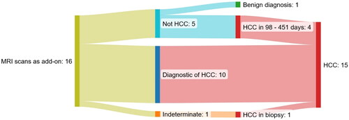 Figure 2. Sankey diagram of the 16 MRI scans as an add-on to a multiphase ceCT scan suspicious of HCC of patients with a previous record of HCC treated with curative intent. One patient is represented twice in the group ruling out HCC.