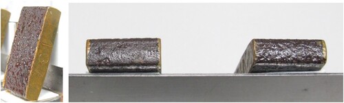 Figure 4. Test coupons after climate chamber testing. Left: test coupon with alkyd resin-based coating at 201 h exposure. Right: coated with alkyd resin-based substance with UV-blocker addition (left) and without (right) – all specimens coated with the UV blocking additive lost luster in the coating after the climate test chamber exposure.