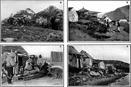 Figure 6. Architectural uses of wood during the evolution of the Inuit winter houses from the 19th to the 20th century. (a) Two examples of winter semi-subterranean sod houses (iglosoak) constructed in the 19th century and typical of the 18th to mid-19th centuries: wood is used in walls, entrance, roof support posts and the roof itself. (b) In Ramah, hybrid house structures combining turf, timber posts and wood planks in the late 19th – early 20th century. (c) In Okak, plank houses and wooden sled dated to ca 1912. (d) In Okak, plank houses with visible stovepipes indicating the use of cast iron stoves, dated to ca 1912. Pictures from Hutton (Citation1912)