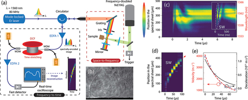 Figure 10. Capturing ultrafast phenomena using DFT-based imaging. (a) Time-stretch imaging setup. (b) Snapshot of a typical laser-induced SW recorded using shadowgraphy. (c) Signal of a single SW: consecutive pulses are stacked horizontally (time axis), while positions (i.e. wavelengths) are displayed vertically. (d) Close-up on the shock wave and (e) corresponding velocities measurements. Reproduced from [Citation113].