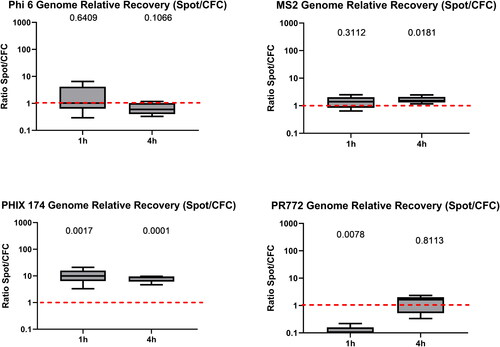 Figure 3. Ratio of relative genome recovery (Spot Sampler™/CFC) for all phages after 60 min and 4 h of sampling (n = 5 for each phage). A ratio greater than one indicates that the liquid Spot Sampler™ was more efficient at recovering phage genomes. The value above each boxplot represents the p-value of the paired ratio t-test. A p-value below 0.05 means that the difference in relative recovery between Spot Sampler and CFC was statistically different. There is one p-value for each sampling time. In the box plot, the whiskers represent the 5th and the 95th percentiles; the red line symbolizes a ratio of one, i.e., an equality of genome recovery efficiency between the two samplers.