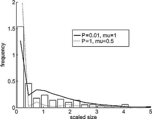 Figure 2 Cluster size distributions at time 180,000 s. The abscissa is scaled to the mean size. The bars are from the AFM experiments and the lines from the simulations with mobile clusters.