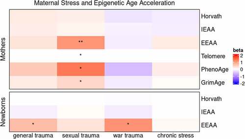 Figure 2. Epigenetic age acceleration and maternal stress measures in mothers and newborns. Colors correspond to the unstandardized beta coefficient of a regression of epigenetic age acceleration measures on maternal stress measures. N = 149 for mothers and N = 145 for newborns.