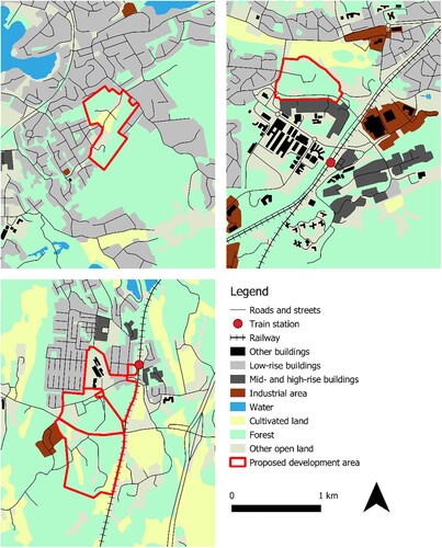 Figure 3. Land use maps of Lillängsvägen (upper left), Norra Grantorp (upper right) and Ösmo (lower left).