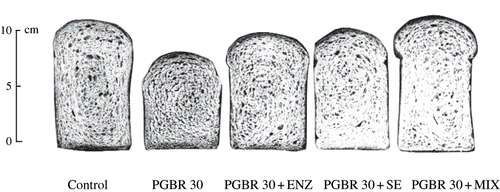 Figure 4 Cross-sectional views of bread made with pre-germinated brown rice substitution for wheat flour with or without enzyme and emulsifier. Abbreviations are the same as in Table 1.