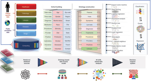 Figure 1. Research methodology. (A) Relational database modeling within computing environment for patient-specific and publicly available annotated data management. (B) Cohort building and ontology-based data access modeling. (C) Intelligent data analysis with AI and machine learning approaches; and (D) decision support system development.AI: Artificial intelligence; EHR: Electronic health record; LCR: Lifetime clinical record; ML: Machine learning; PCR: Polymerase chain reaction.