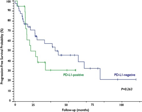 Figure 4 Kaplan–Meier curves and log-rank test analysis of the progression-free survival of patients with cervical neoplasia based on PD-L1 expression.