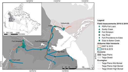 Figure 1. Study area of 2018, 2019 field measurements and airborne lidar transects in the Taiga Plains and Taiga Shield ecozones, Northwest Territories, Canada. Field measurements were used to develop aboveground biomass models based on the coincident 2018, 2019 Titan lidar data. Models were then transferred to the 2007, 2010 ALTM 3100 lidar data. (Ecozone and ecoregion boundaries were derived from the National Ecological Framework for Canada dataset).