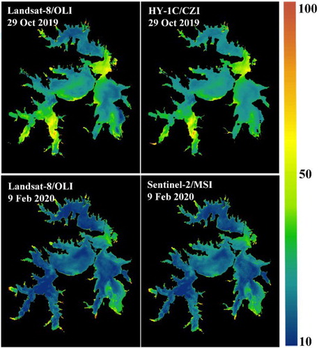 Figure 4. Synchronous comparison of multi-sensor derived turbidity maps in Liangzi Lake. Landsat-8/OLI was regarded as a benchmark and compared with HY-1C/CZI and Sentinel-2/MSI on 29 October 2019 and 9 February 2020, respectively. (Colour online)