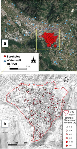 Figure 2. (a) Database of 573 boreholes (in red) from USRA (Ufficio Speciale per la Ricostruzione dell’Aquila) and 54 water wells from ISPRA (Istituto Superiore per la Protezione e la Ricerca Ambientale) database; (b) 573 boreholes classified with RS thickness.