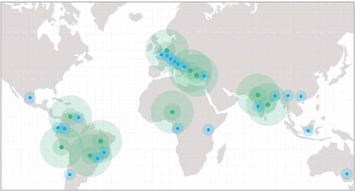 Figure 1. Map of Urban95’s geographical reach. Developed by the Bernard van Leer Foundation. Legend: in green, Urban95 pioneering cities, current and projected; in blue, 2016 Urban95 Challenge winners.