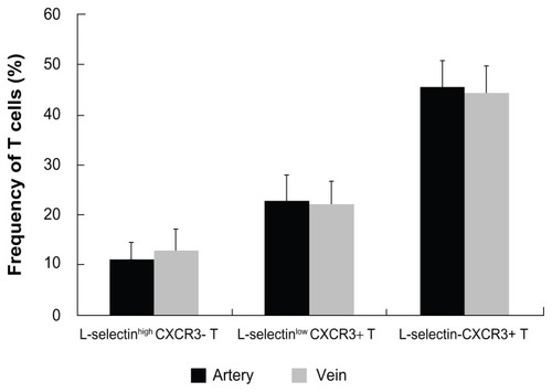 Figure 3 CXCR3 and L-selectin expression on T cells in the peripheral vein and the hepatic artery.