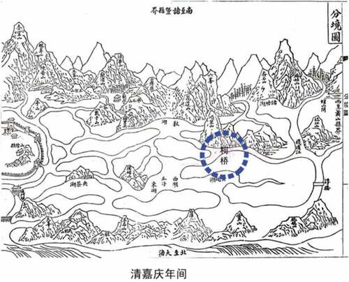 Figure 3. Water network of Shao Xing County during the Jia Qing period in the Qing Dynasty. The blue circle area is the ancient town of Keqiao. It can be seen from the map that Keqiao ancient town is surrounded by rivers and is located in an area that is highly infiltrated by water networks. Sourced from Shao Xing County Memo; image retraced manually
