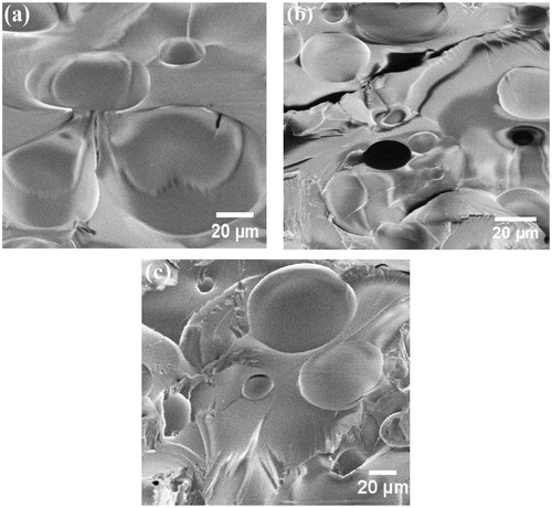 Figure 9. SEM micrographs of the (a) neat epoxy, (b) epoxy/GO and (c) epoxy/GO–SiO2 composite coating.