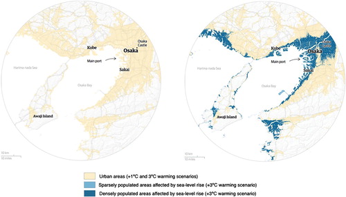 Figure 4. Osaka area flood risks in a 3°C warming scenario. Source: Holder, Kommenda, and Watts (Citation2017).