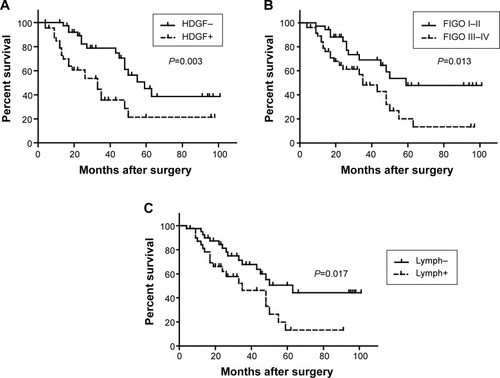 Figure 2 Correlation between HDGF expression, FIGO stage, and lymph node metastasis in validation cohort.