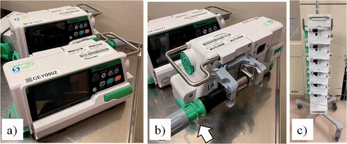 Figure 1. A one touch clamp and rack smart pump. (a) smart Internet of Things (IoT) pump; (b) one-touch pole cramp attached with smart pump; (c) multi-layer rack. The one-touch pole clamp allows the pump to be easily attached to or removed from the pole using the clamp indicated by the white arrow in Figure 1(b). In addition, the pump can be mounted in the multi-layer rack with the one-touch clamp attached.