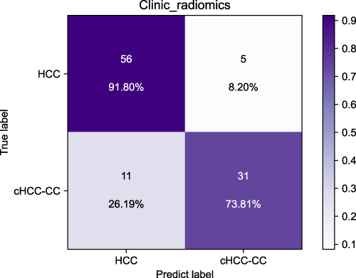 Figure 4 Confusion matrix of the clinic-radiomics model in the test set based on logistic regression.