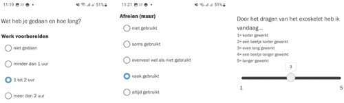 Figure 2. Screen capture of the questionnaire on a mobile phone. Three different screens are shown, with questions and answers in the plasterers native language (Dutch). From left to right we asked whether they performed these tasks and for how long, whether they used the exoskeleton for these tasks and whether their shift duration was shorter or longer.