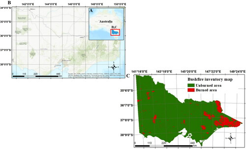 Figure 1. Map of the study area: (A) map of Australia and the location of Victoria, (B) Map of Victoria in more details and (C) a bushfire inventory map for Victoria. Red colour represents burned areas and green shows unburned areas.