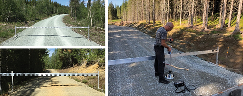 Figure 1. Examples of sampled forest road cross-sections, showing 5 m profile beam at left and measurement of e-module at right (Zorn ZPG 3.0 light-weight falling weight deflectometer). E-module was measured in each wheel track and on the uncompacted center line. Photos: Martin Bråthen.