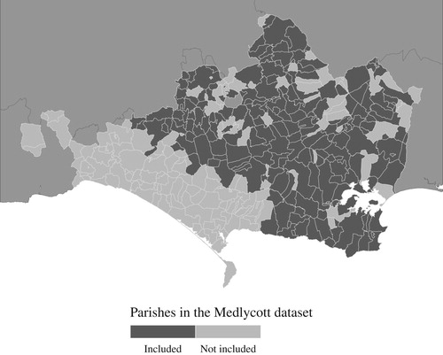Figure 3 The coverage of parishes in the Medlycott data set, Dorset, 1798–99Source: Medlycott Citation1999a, Citation1999b.