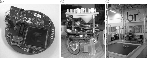 Figure 15. (a) E-puck Linux extension board with USB WiFi card (casing removed). (b) An e-puck with Linux board fitted in-between the e-puck motherboard (lower) and the e-puck speaker board (upper). Also note the yellow ‘hat’ which here serves three different functions: (1) it provides a matrix of pins for the reflective spheres which allow the tracking system to identify and track each robot and (2) it provides a mounting for the USB WiFi card which slots in horizontally (the wires connecting to the WiFi card are above the USB connector). (c) Experimental swarm robotics arena with 10 Linux extended e-pucks.