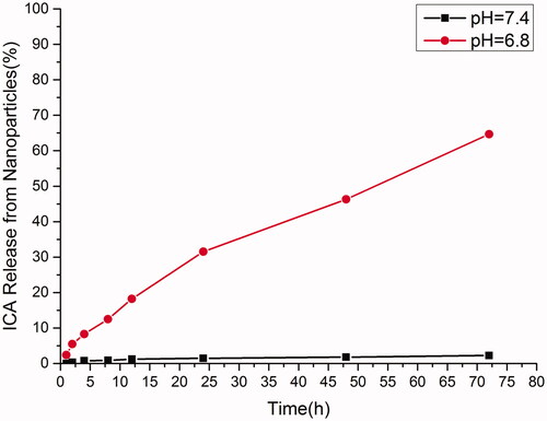 Figure 6. ICA release from mPEG-ICA NPs in PBS of pH 7.4 (■) and pH = 6.8 (●) at 37 °C in vitro.