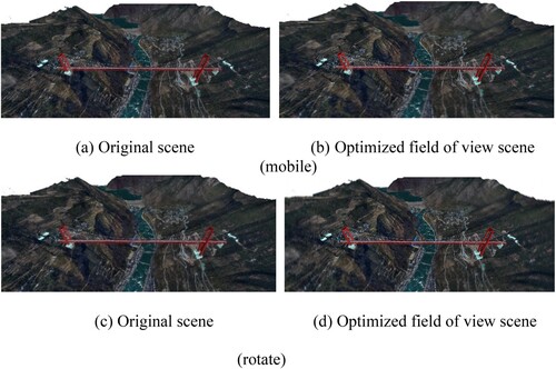 Figure 13. Motion blur optimization effect. (a) Original scene; (b) Optimized field of view scene (mobile); (c) Original scene; (d) Optimized field of view scene (rotate).