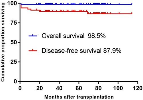 Figure 3. Probabilities of overall survival and disease-free survival.