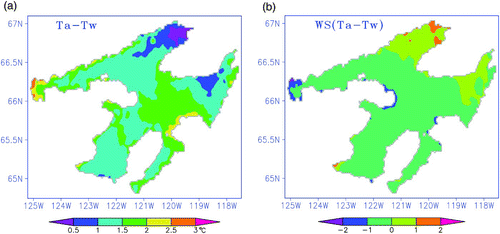 Fig. 14 The spatial distributions of the differences between the SR and BR experiments averaged over the entire simulation period for (a) air-water temperature and (b) the product of wind speed and the temperature gradient.