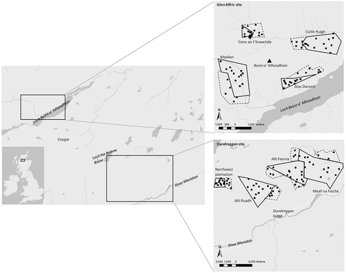 Figure 1. Map of the study area and location of the study sites. Unbroken lines represent the outlines of the exclosures. Dashed lines represent the boundaries of the sites chosen as adjacent controls. Black squares represent the locations of individual sample plots.